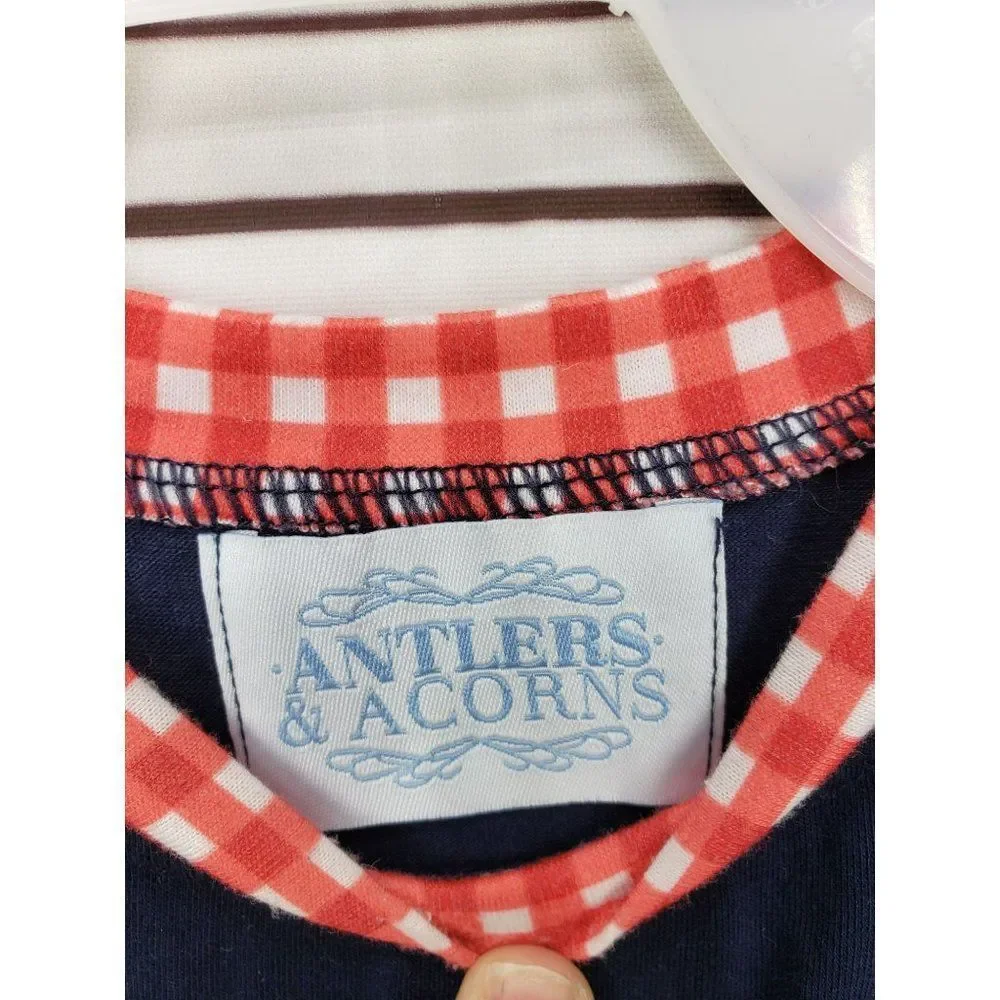 Antlers And Acorns Navy Blue Red White Size 3-6 Months Girls Long Sleeve One Pie